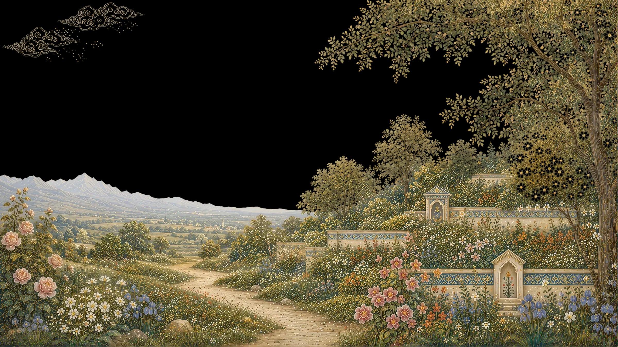 A painted garden path winding toward distant hills, framed by flowering trees.