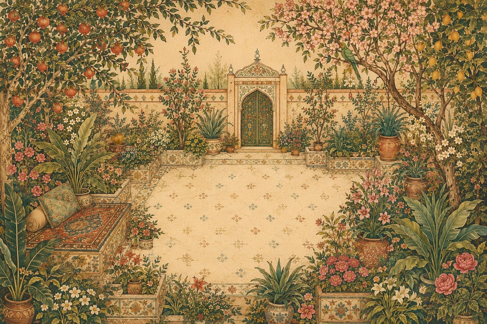 A painted walled garden with a tiled courtyard, cushions, and flowering trees.