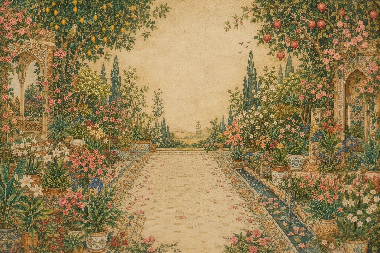A painted formal garden with a tiled path, cypress trees, and pots of roses and lilies.