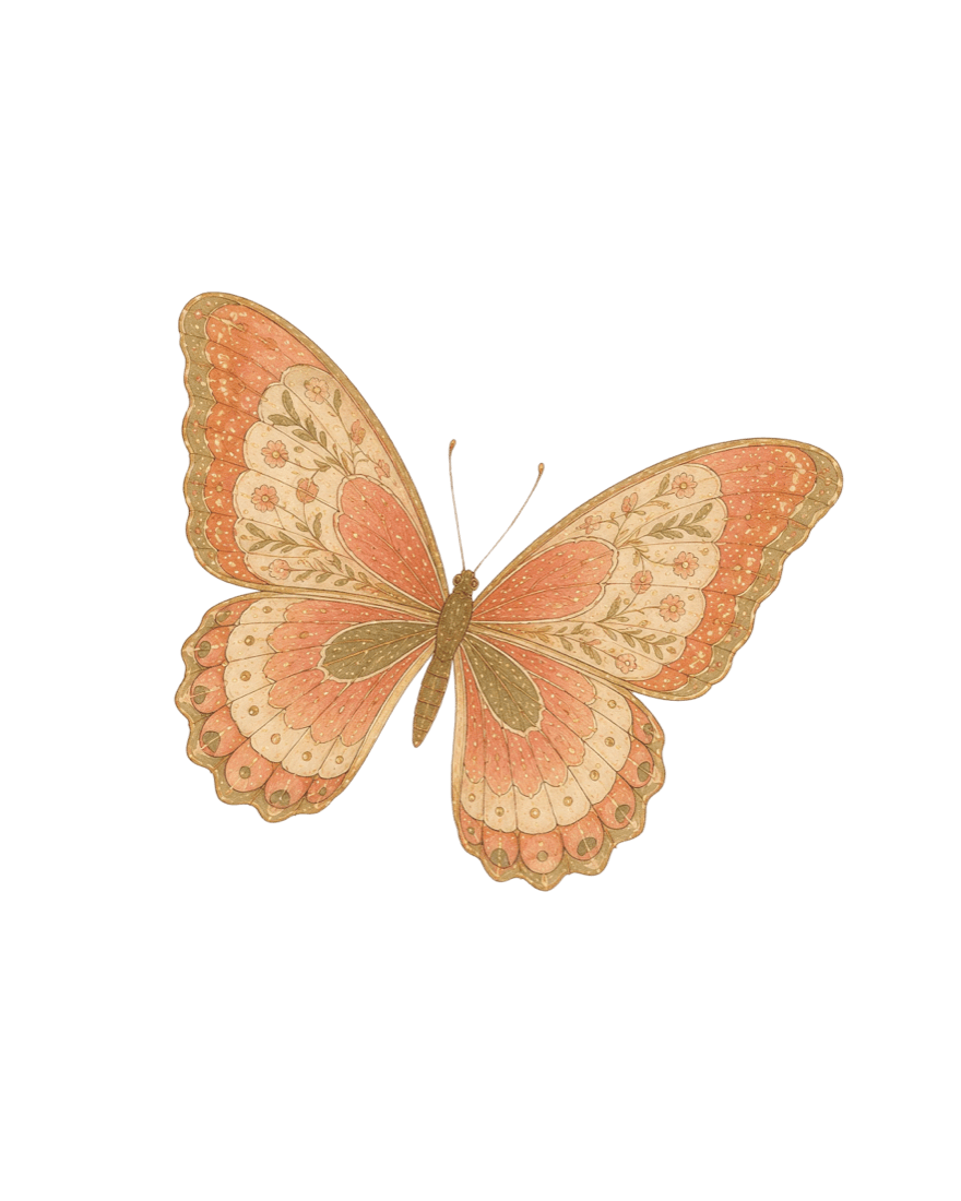 A painted butterfly resting on a pale, textured ground.