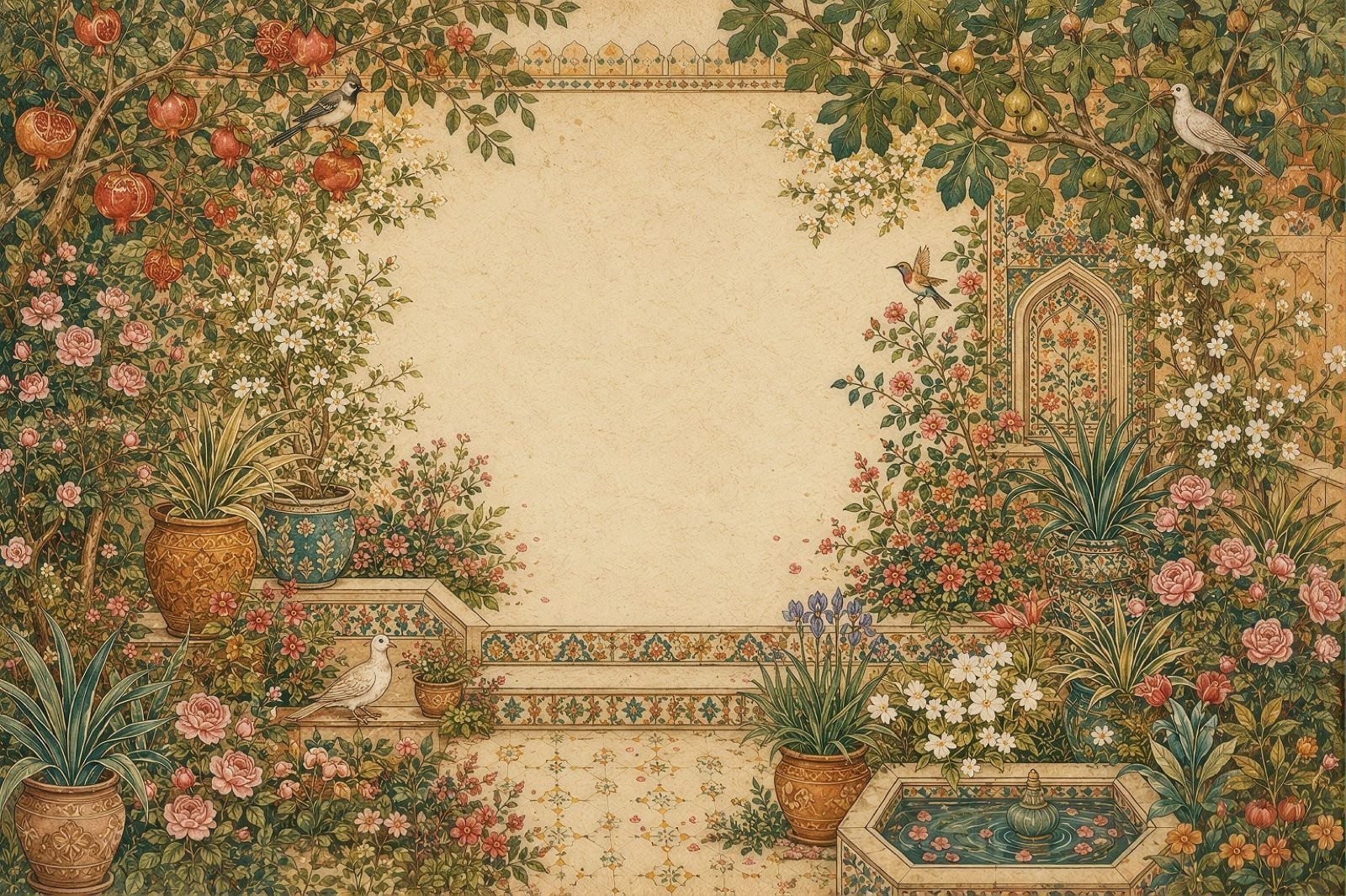 A painted garden wall with a tiled niche, doves, and a stone fountain among flowers.