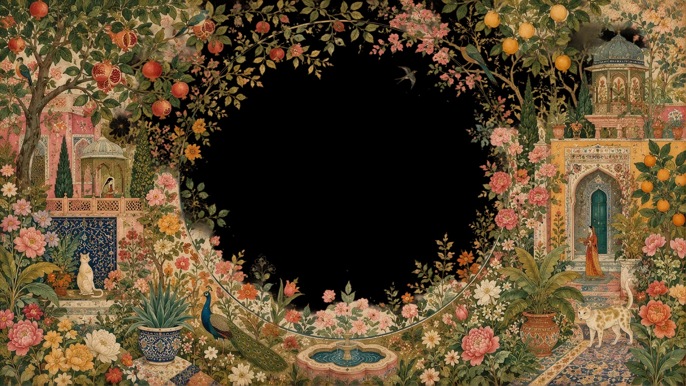 A painted garden arch opening onto flowering trees and a still pool.