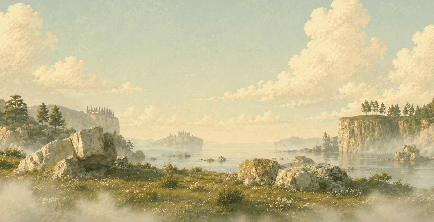 A painted landscape of pale cliffs and still water under a wide, clouded sky.